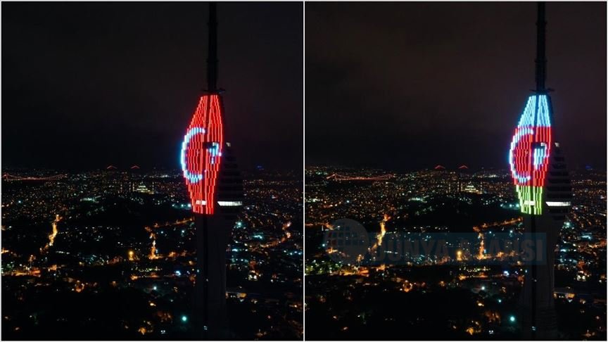 Çamlıca Kulesi'ne Türkiye ve Azerbaycan bayrakları yansıtıldı