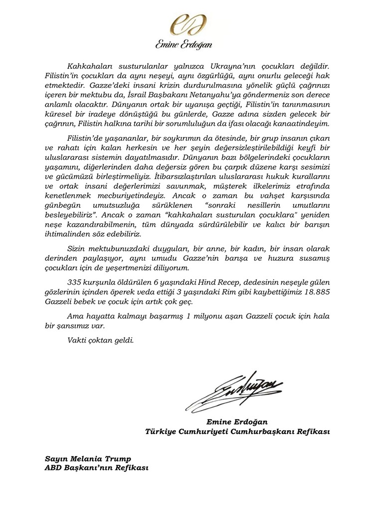 Emine Erdoğan, Gazze konusunda harekete geçilmesi gerektiğinin altını çizdi
